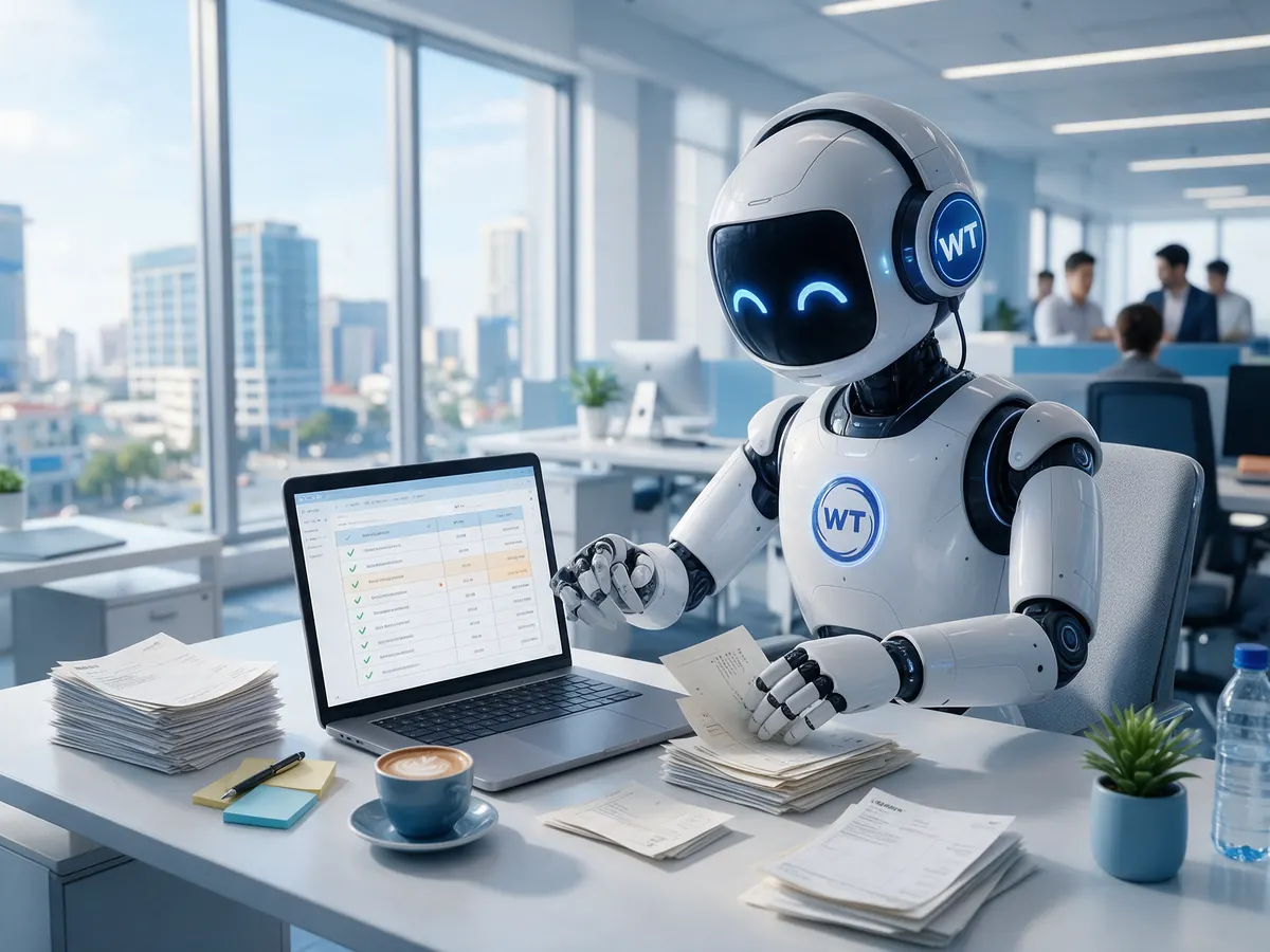 Nhân viên AI của WATATECH đối chiếu hóa đơn với bảng dữ liệu trên máy tính