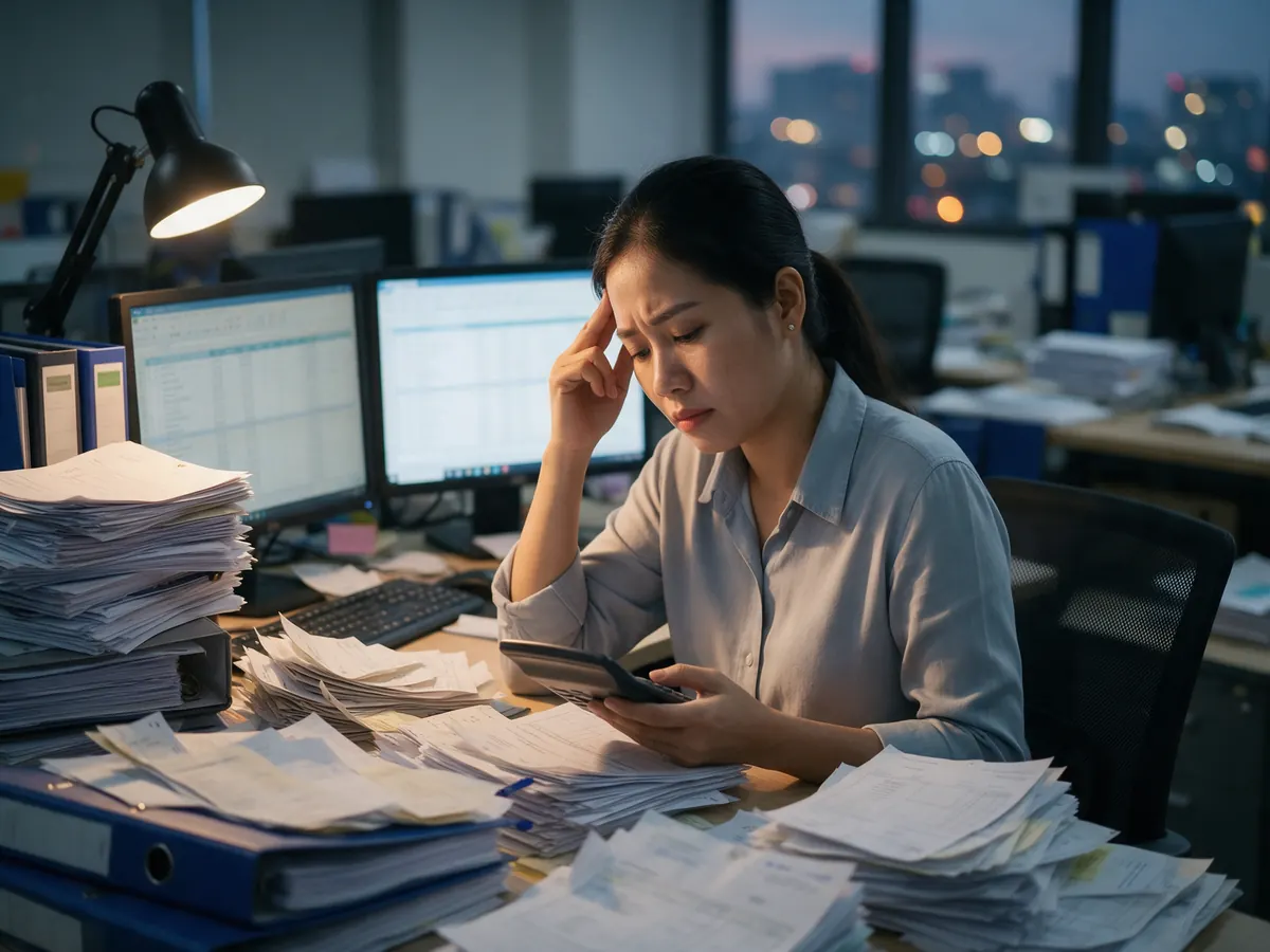 Nhân viên kế toán mệt mỏi giữa chồng hóa đơn giấy lúc cuối ngày